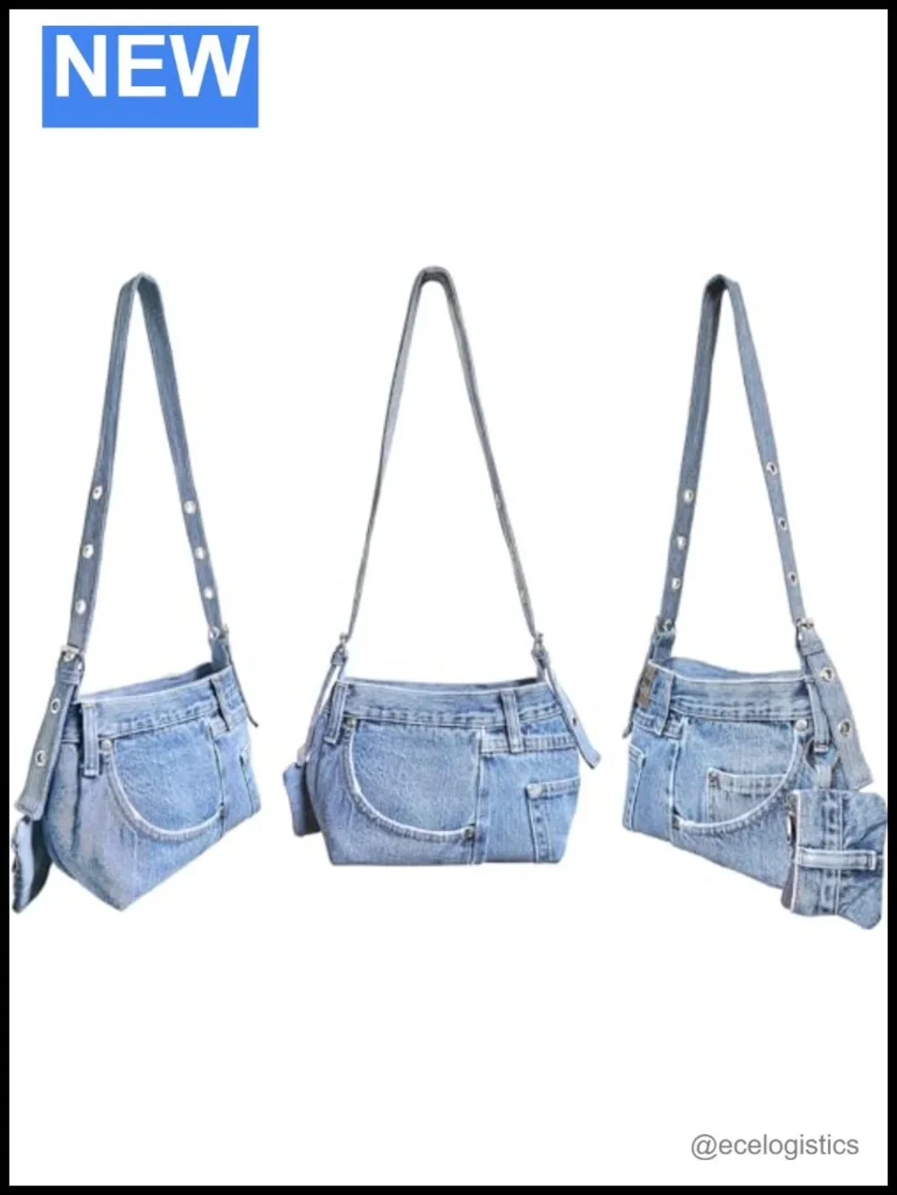 Upcycled Denim Shoulder Bag with Belt Buckle Detail, Adjustable Crossbody Purse